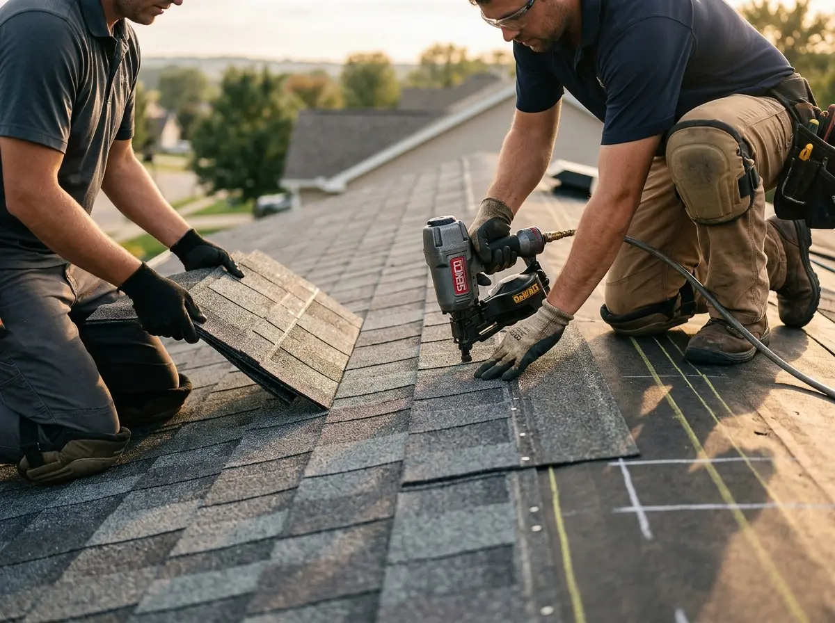 Professional roofer working on a residential roof in Burnet